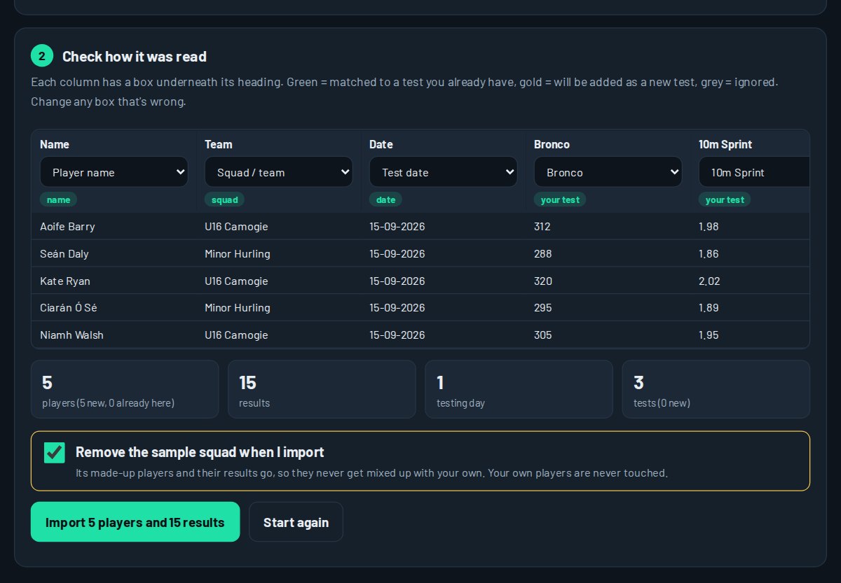 The import page showing how a spreadsheet was read
