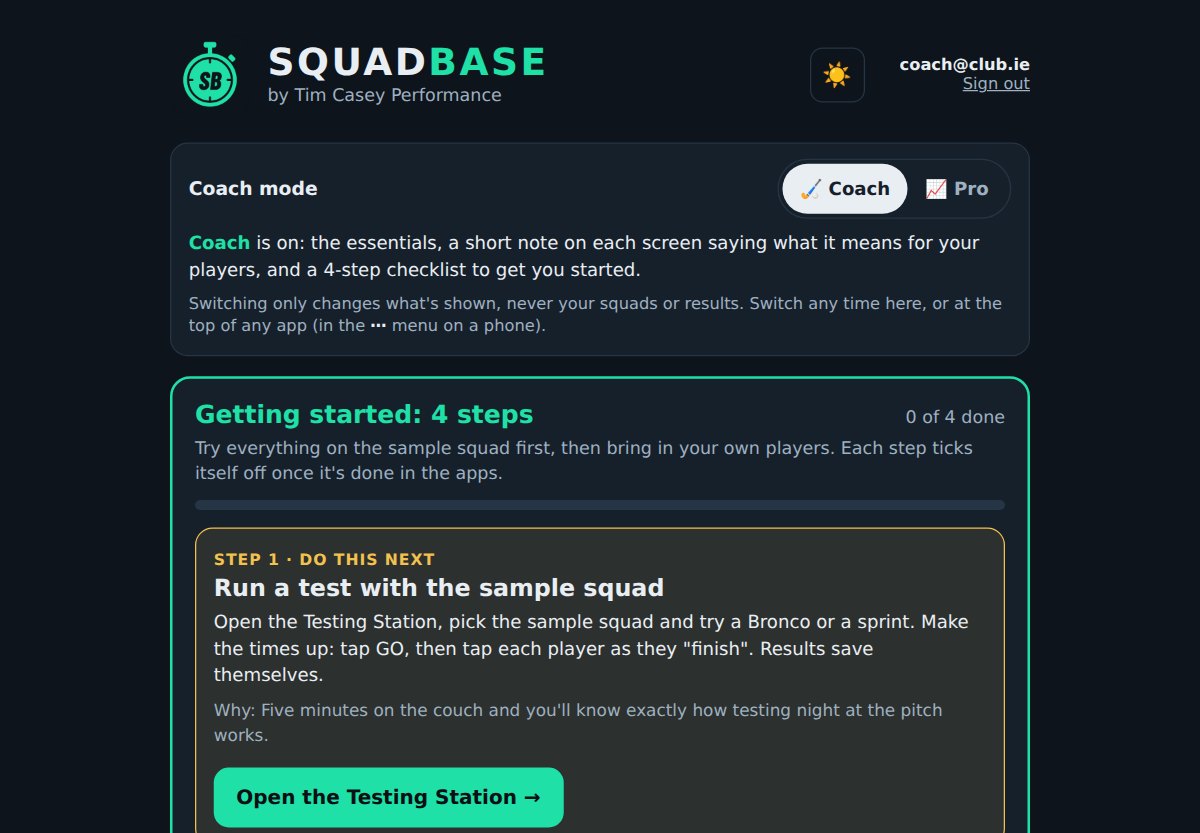 The SquadBase home screen with the app tiles